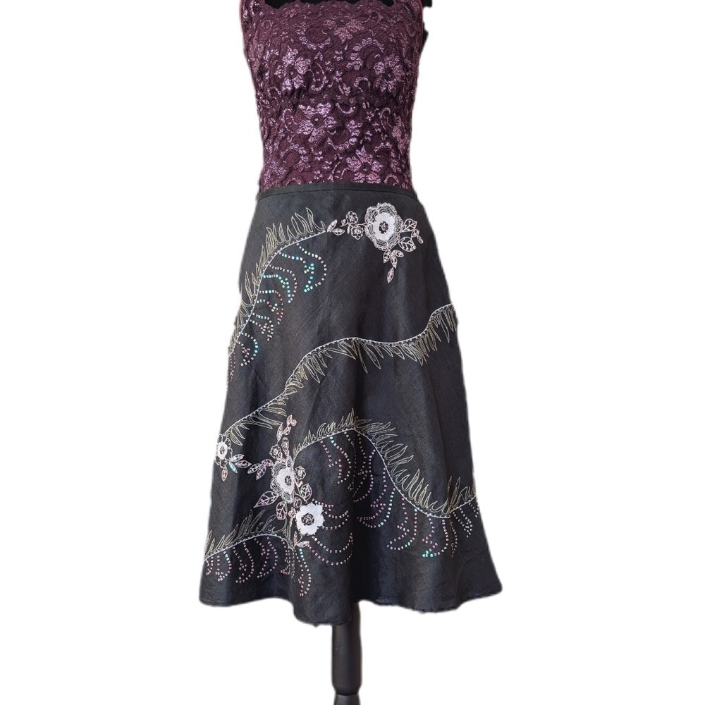 Vintage Y2K Whimsy Cottagecore Bling Embellished Floral Linen A-line Midi Skirt